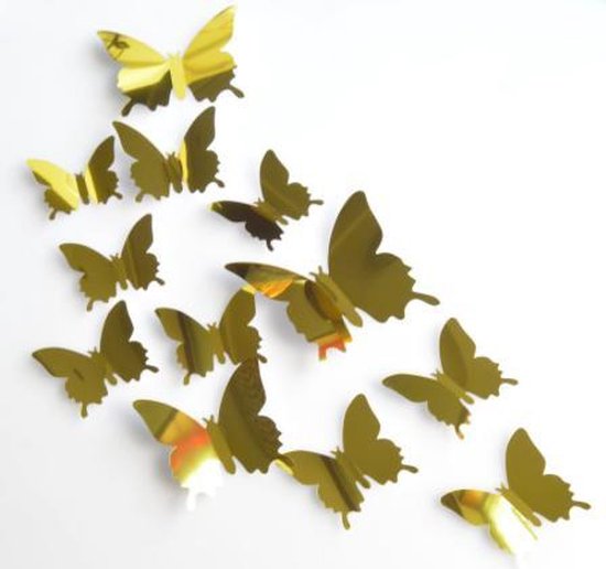 Wandsticker 3d vlinders Goud. Set van 12 stuks