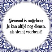 Tegeltje met Spreuk (Tegeltjeswijsheid): Niemand is nutteloos; Je kan altijd nog dienen, als slecht voorbeeld! + Kado verpakking & Plakhanger