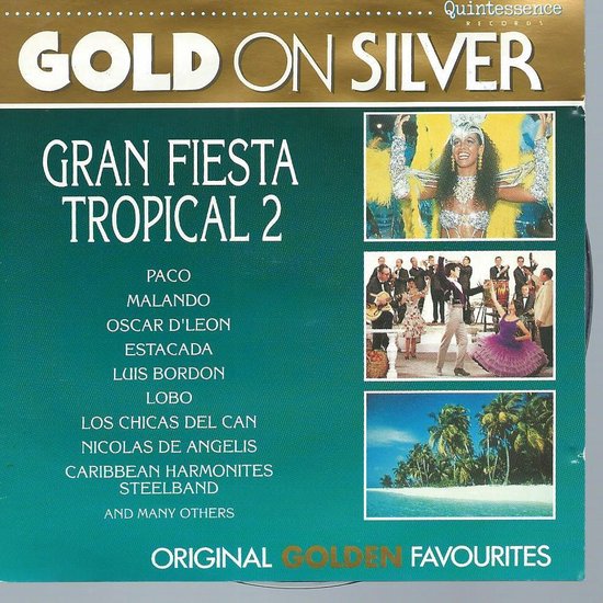 Albumhoes met 'GOLD ON SILVER' en afbeeldingen van een vrouw in kostuum, een orkest en een tropisch strand.