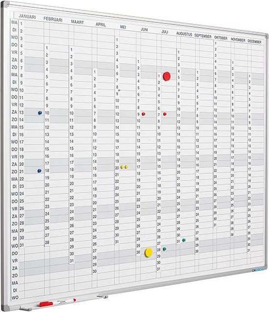 Planbord Softline profiel 8mm, Verticaal jaar, Jaarplanner - Engelse - 90x120cm uitvoering incl. maand-/dagen-/cijferstroken