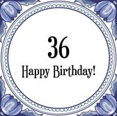 Verjaardag Tegeltje met Spreuk (36 jaar: Happy birthday! 36! + cadeau verpakking & plakhanger