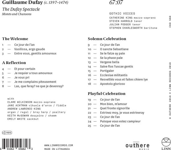 CD hoes met tracklist en artiestinformatie voor "The Dufay Spectacle".
