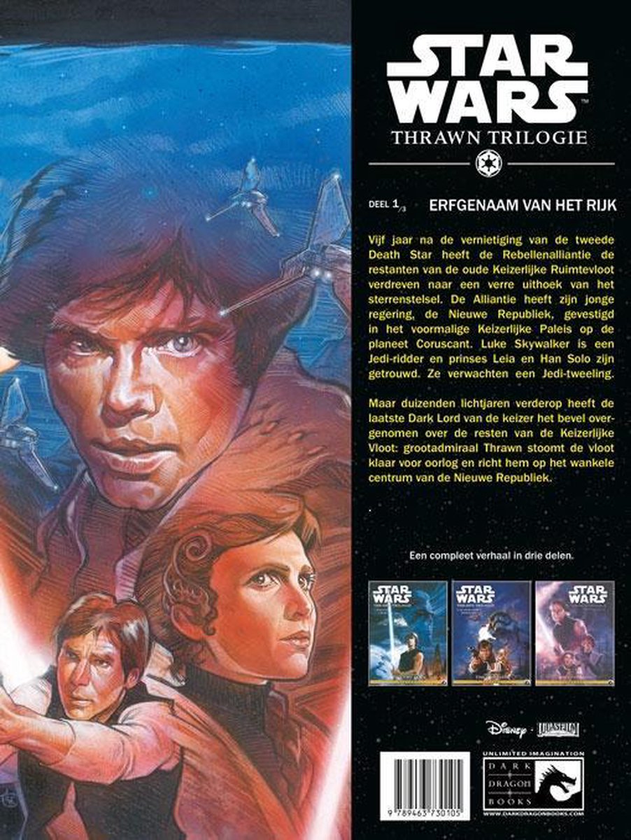 Boekomslag van Star Wars Thrawn Trilogie. Grote portretten van Luke Skywalker, Han Solo en Leia Organa tegen een ruimteachtergrond met sterrenstelsels.