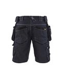 Achterkant van een donkerblauwe werkshort met veel zakken, riemlussen en witte stiksels.