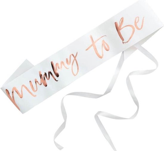 Lichtblauwe sjerp met rosé gouden tekst 'Mummy to Be' en witte linten.