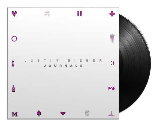 Platenhoes met paarse iconen en 'Justin Bieber Journals' naast een zwarte vinyl.