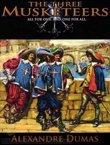 Boekomslag van 'The Three Musketeers' met illustratie van vier musketiers in historische kledij.