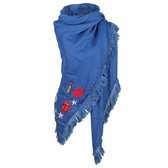 Warme omslagdoek in blauw met vrolijke patches en franjes