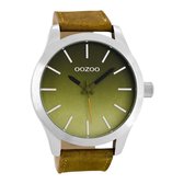 OOZOO Timepieces - Zilverkleurige horloge met bruine leren band - C8556