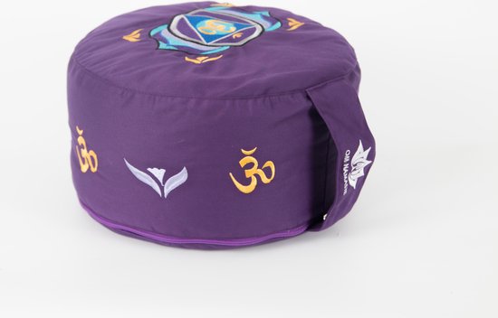 Om Namaste Symbolic Meditatiekussen Zitkussen - Rond - Paars - Ohm Goud - Turquoise Chakra Teken van Om Namaste — afbeelding 2
