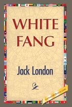 Boek 'White Fang' van Jack London, met een wereldkaart op de achtergrond en een rand van vlaggen.