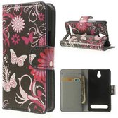 Sony Xperia E1 agenda vlinder zwart roze wallet hoesje