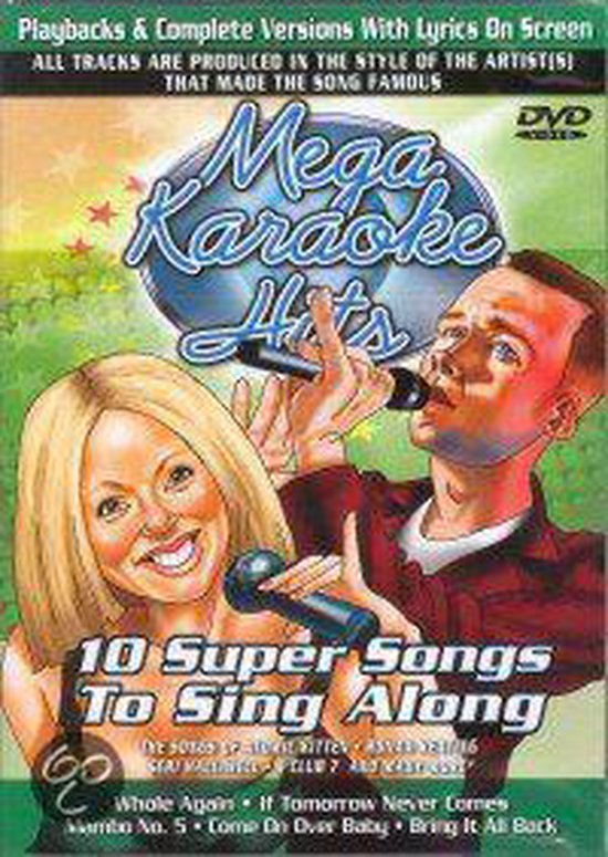 DVD cover met een blonde vrouw en een man die zingen, met de titel 'Mega Karaoke Hits'.