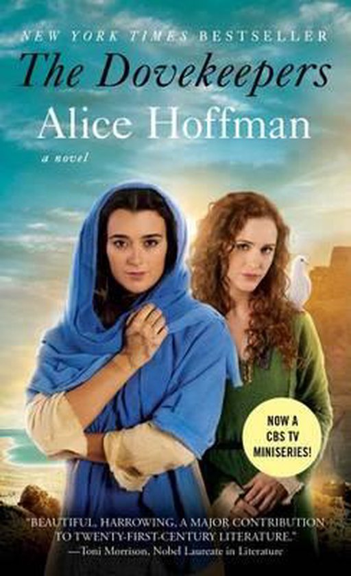 Boek "The Dovekeepers" van Alice Hoffman met twee vrouwen, een met een blauwe hoofddoek en een met een witte duif op haar schouder.