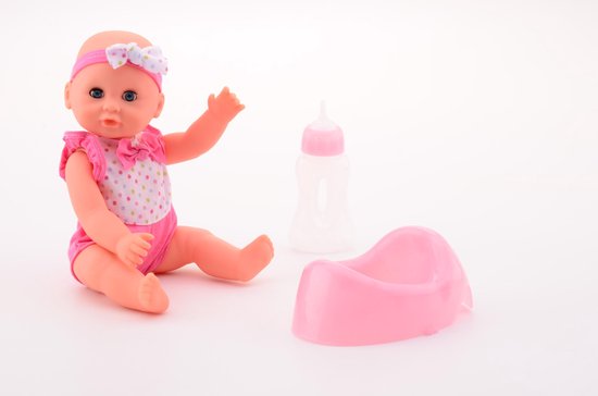 Baby Rose pop met roze stippenjurkje, hoofdband, flesje en roze potje.