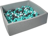 Ballenbak vierkant - grijs - 120x120x40 cm - met 600 wit, grijs en turquoise ballen