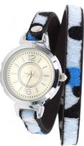 Dielay - Wikkelarmband met Horloge - Panterprint - Quartz - PU Kunstleer - Kast 30mm - Blauw