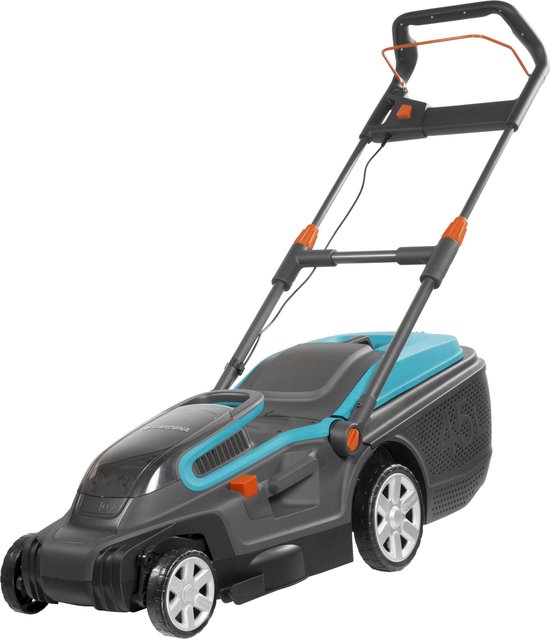 Accugrasmaaier met een donkergrijze body, turquoise en oranje accenten en een zwarte grasopvangbak.