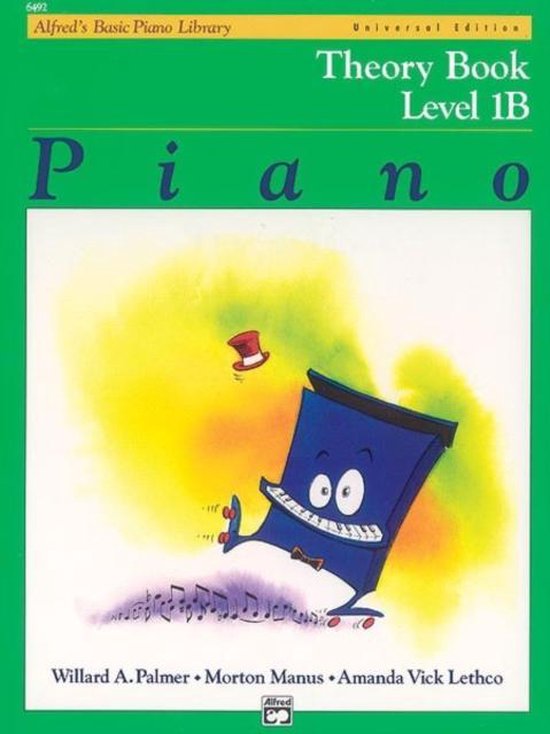 Theorieboek Piano Level 1B van Alfred's Basic Piano Library, met een blauwe tekenfilm piano met een hoed die eraf springt.