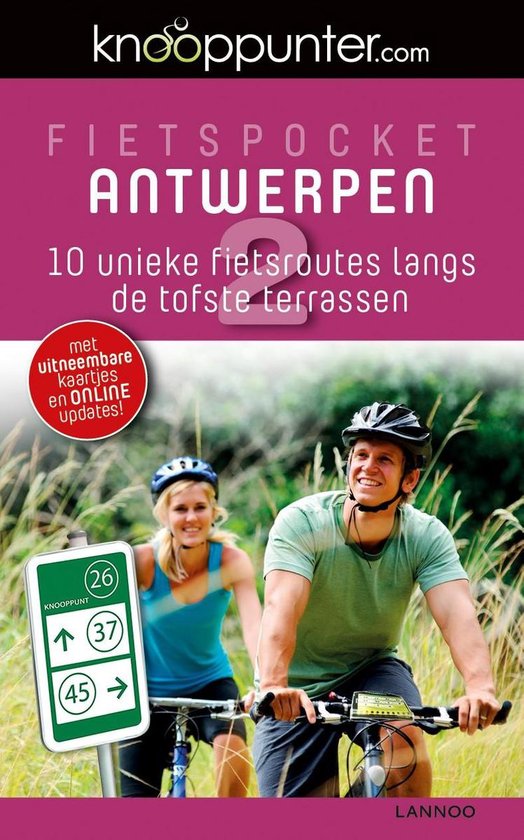 Fietsgids Antwerpen 2 fietsknooppunten. Mannen en vrouwen fietsen vrolijk met helm. Borden met nummers 26, 37, 45.