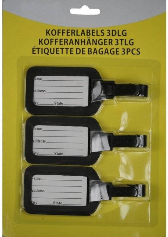 Gele verpakking met 3 zwarte kofferlabels, elk met veld voor naam, adres en woonplaats.