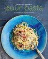 Kookboek 'Puur Pasta' met een blauw bord spaghetti met zeevruchten.