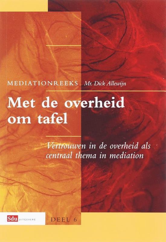 Boek 'Met de overheid om tafel' uit de Mediationsreeks, deel 6. Oranje en rode abstracte achtergrond.