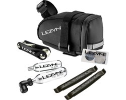 Lezyne M-Caddy CO2 Kit - Praktisch zadeltasje met complete CO2-kit - Twin Speed ​​Drive CO2 inflator, twee 16g CO2-bussen, een RAP 6 multitool en Matrix Levers Bandenlichters - 130x60x80 mm - 0.6 Liter - Nylon - Zwart