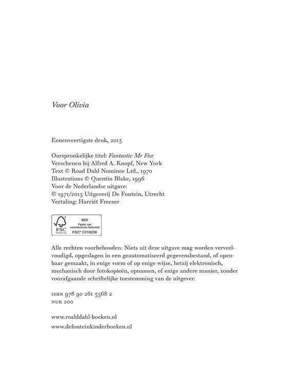 Pagina met colofon van "De fantastische Meneer Vos". Inclusief ISBN en uitgeversinformatie.