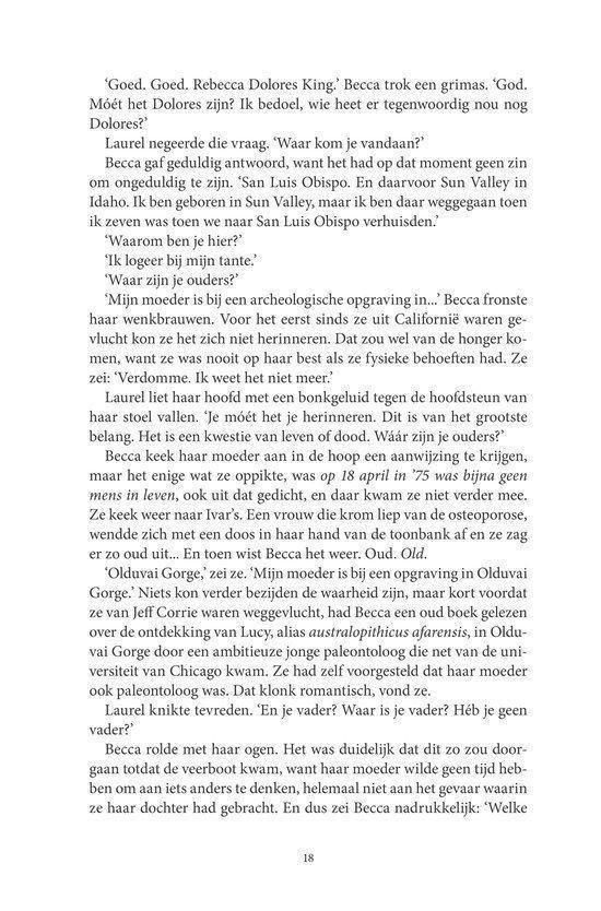 Pagina 18 van het boek 'Stormgevaar' met een dialoog tussen personages en tekst over een archeologische vondst.