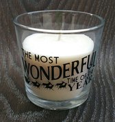 Witte geur kaars (vanille) met de tekst "The most wonderful time of the year"