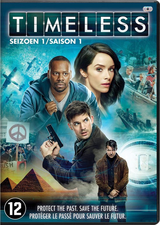 DVD-cover van Timeless Seizoen 1 met Lucy, Wyatt, Rufus en Flynn.