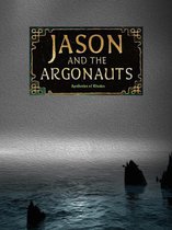 Titel "JASON AND THE ARGONAUTS" op een zwart bord met gouden letters, boven een grijs wateroppervlak.