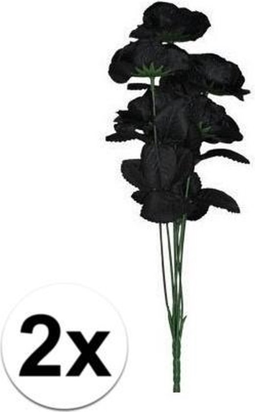 Halloween - 2x Boeket met 12 zwarte rozen kunstbloemen