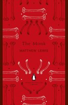 Boekomslag van 'The Monk' van Matthew Lewis, met een rood fond en een patroon van witte en rode botten.