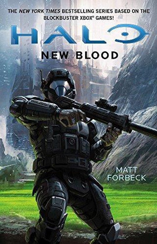 Couverture du livre Halo: New Blood avec un soldat futuriste en armure tenant une arme.