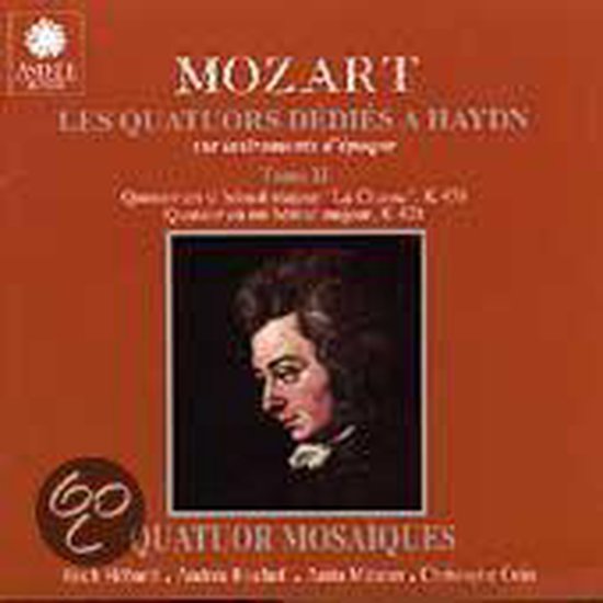 Albumhoes met schilderij van Mozart, met de tekst 'MOZART LES QUATUORS DÉDIÉS A HAYDN Tome II'.