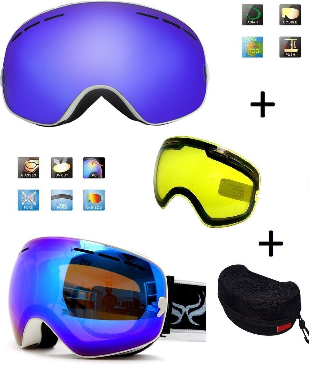 Ski bril met box en EXTRA lens Smoke Bleu frame Wit F type 2 Cat. 0 tot 4 - ☀/☁