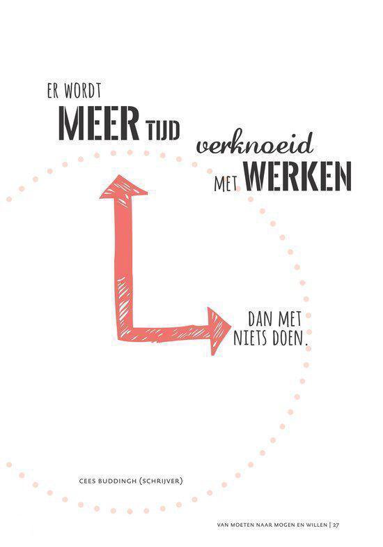 Illustratie met de tekst "Er wordt meer tijd verspild met werken dan met niets doen." Pijl in een cirkel. Nederlands.