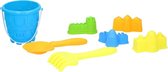 Strand/zandbak speelgoed blauwe emmer met vormpjes en schepjes - Zandbakspeeltjes - Strandspeelgoed