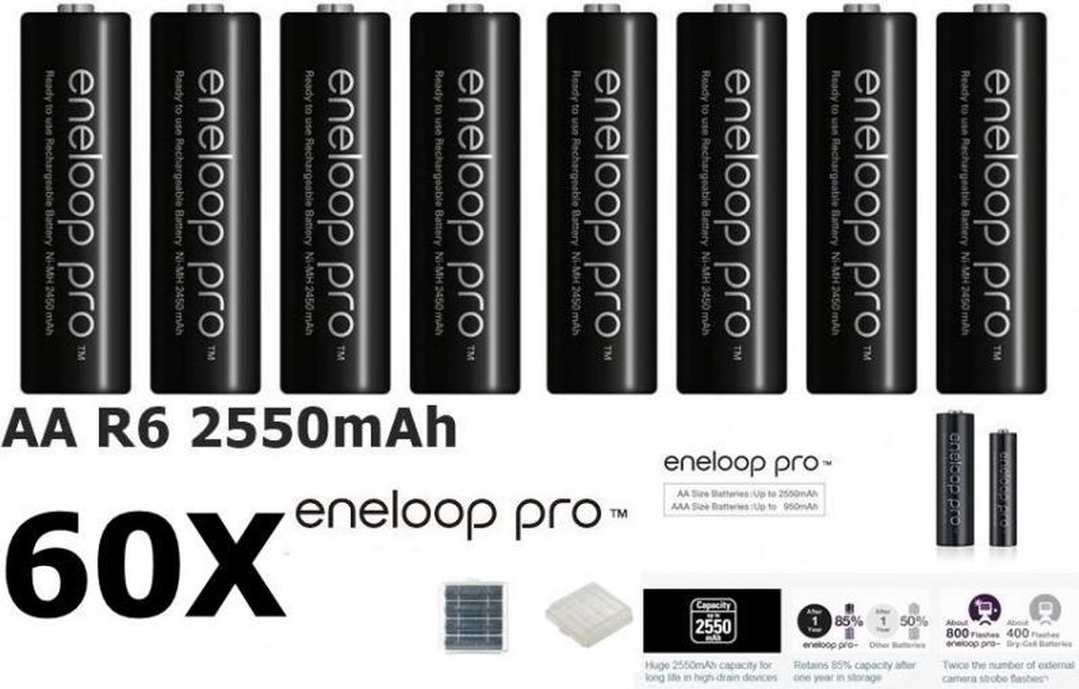 60 Stuks - AA HR6 Panasonic Eneloop PRO Oplaadbare Batterijen - (in kunststof bewaardoosje)