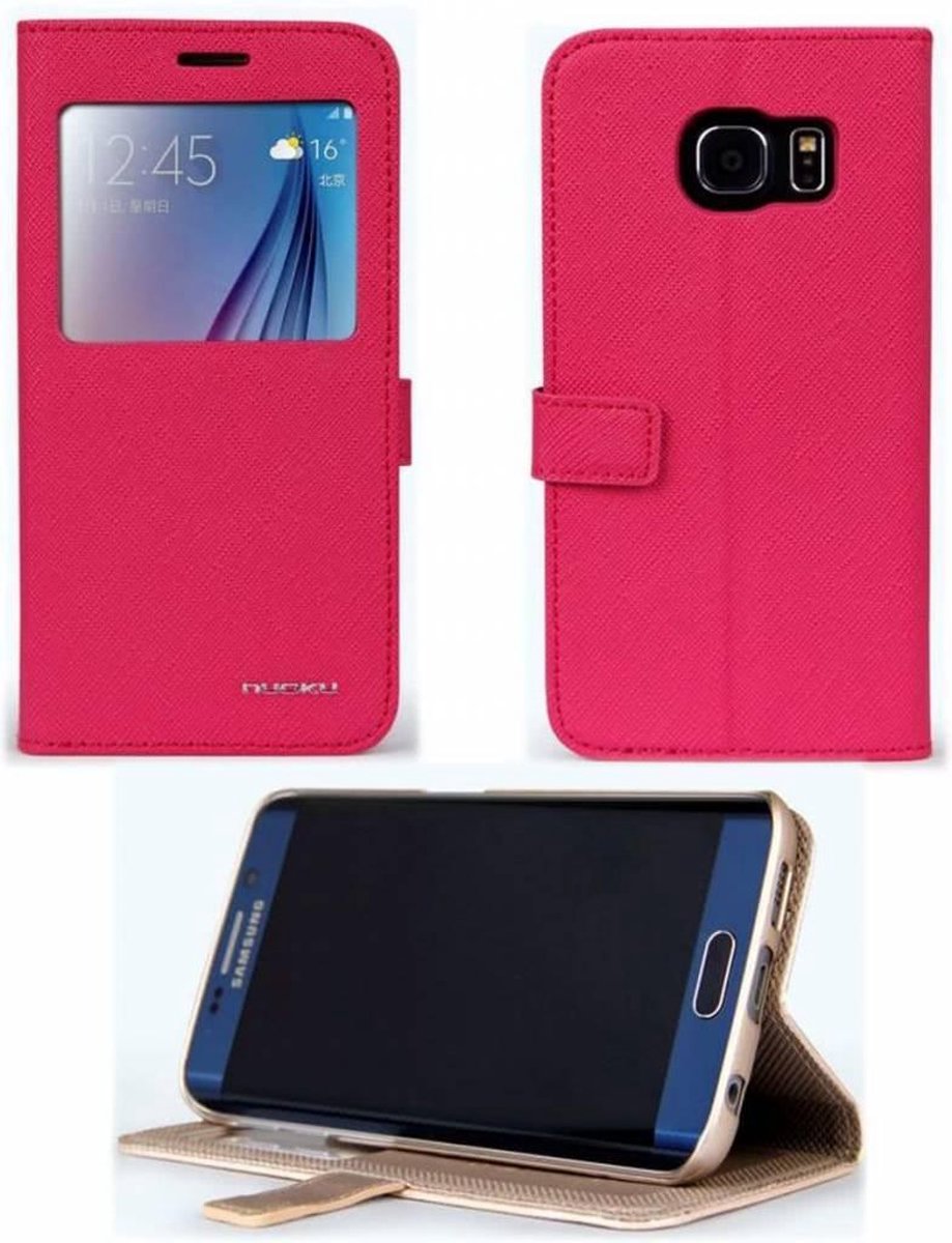 Samsung Galaxy S6 Edge flip leather hoesje window view legend met stand Pink / Rose + Screenprotector