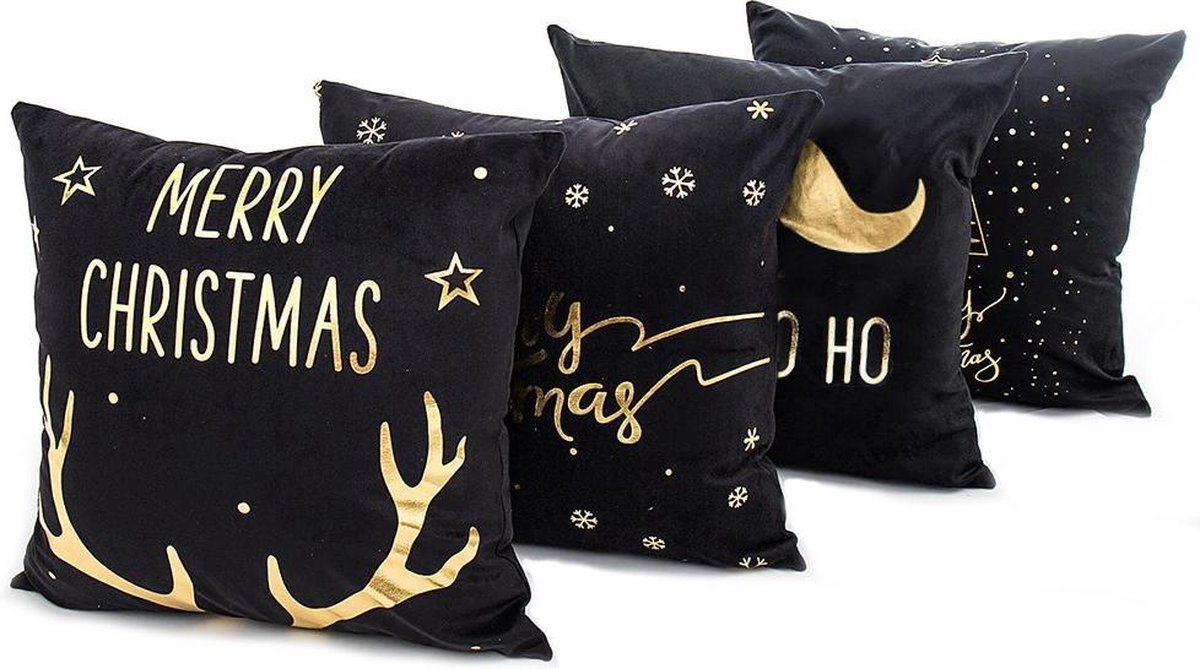 Kerst 'Merry Christmas' Kussenhoes | Katoen/Polyester | 45 x 45 cm | Zwart / Goud – foto 4
