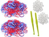 600 Loom Bands met 2 weefhaken en S-clips rood, wit & blauw