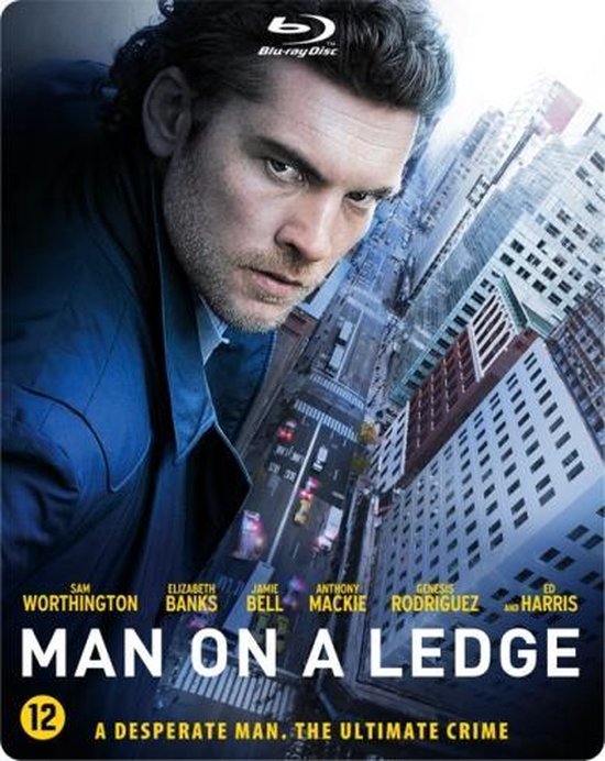 Man On A Ledge Blu-ray steelbook hoes met Sam Worthington, met stad op de achtergrond.