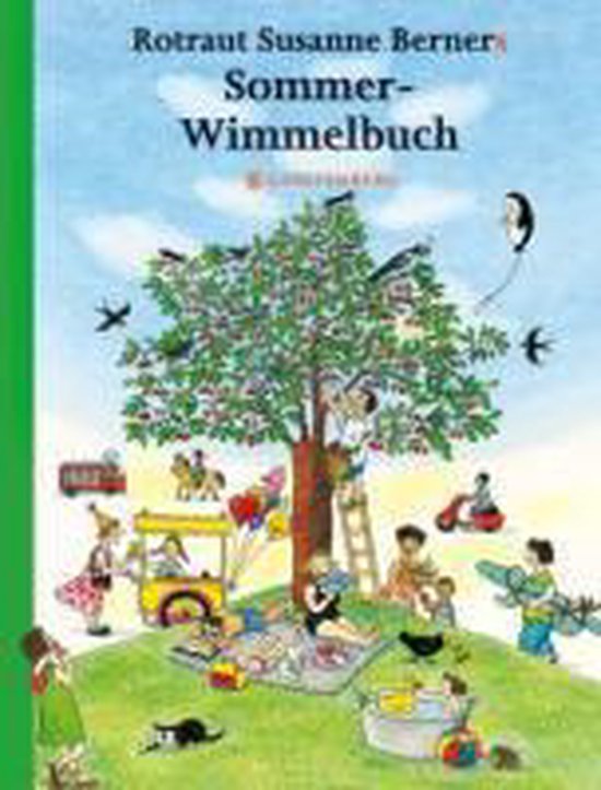Zomer Wimmelboek van Rotraut Susanne Berner. Een kleurrijke illustratie van een picknick onder een boom met veel bedrijvigheid.