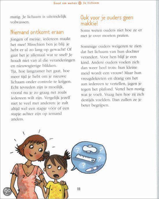 Pagina met tekst en illustratie van twee meisjes en een moeder die over de puberteit praten.