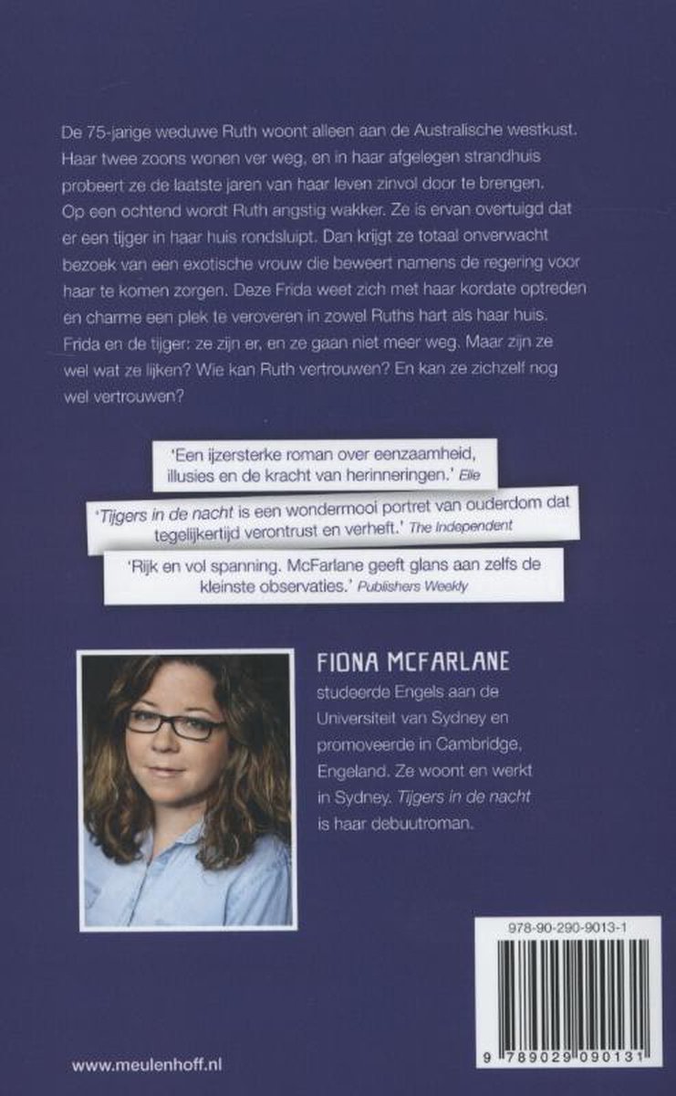 Achterkant boek: foto van Fiona McFarlane, tekst over het boek en auteur, ISBN.