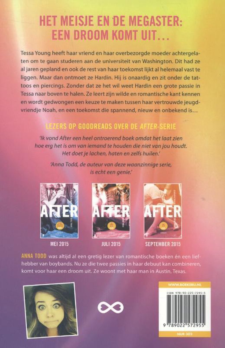 Boekomslag met de titel 'Het meisje en de megaster: Een droom komt uit'. De achterkant toont drie boekomslagen van de 'After'-serie, een foto van de auteur en recensies.