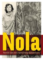 Voorkant van het boek Nola door Ellen de Vries, met een portretfoto naast een expressief schilderij.
